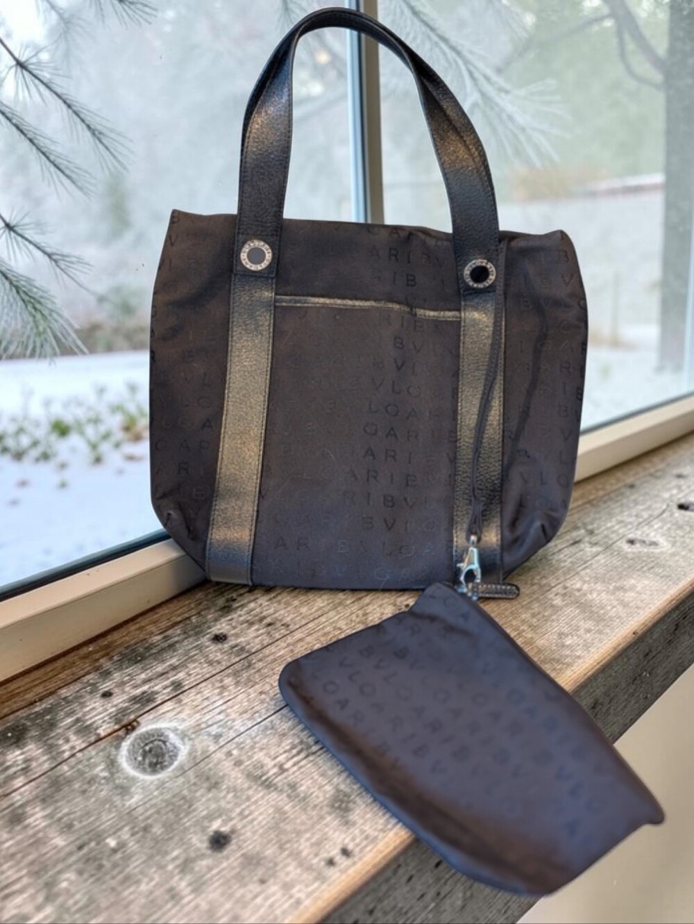 Bvlgari Logomania Black Canvas Leather Tote Bag + Pochette